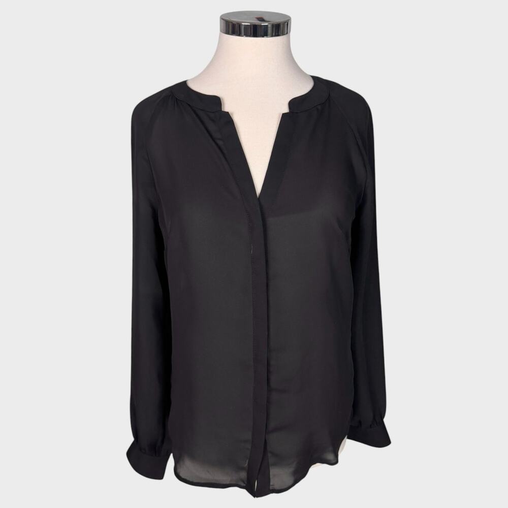 LC Lauren Conrad M Black Polyester Sheer Long Sleeve Button Top Lace Back